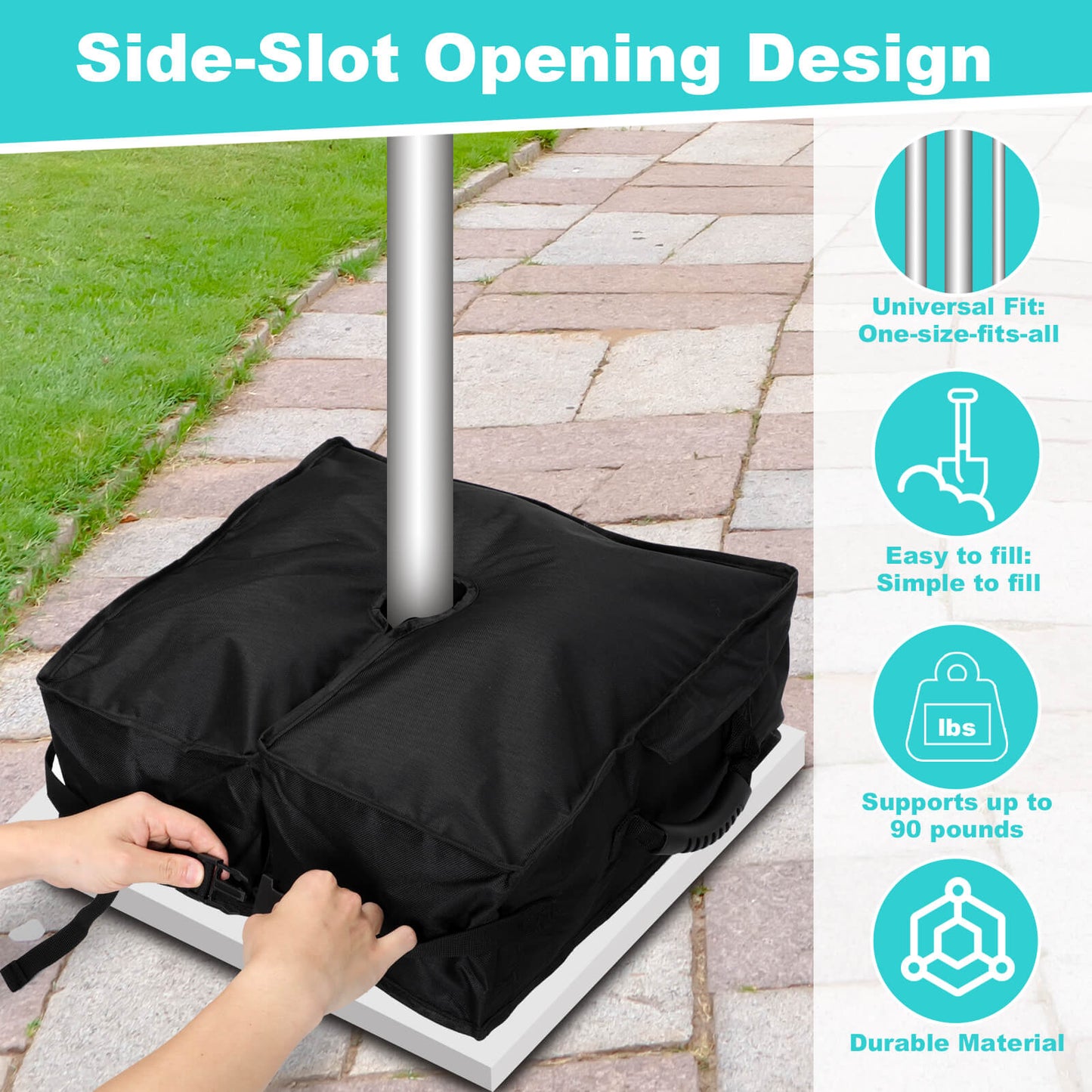 Umbrella Base, 90 lbs, Fits 0-10 ft Umbrellas, Includes Sand Filling Shovel, Side-Slot Opening, Perfect for Patio and Garden