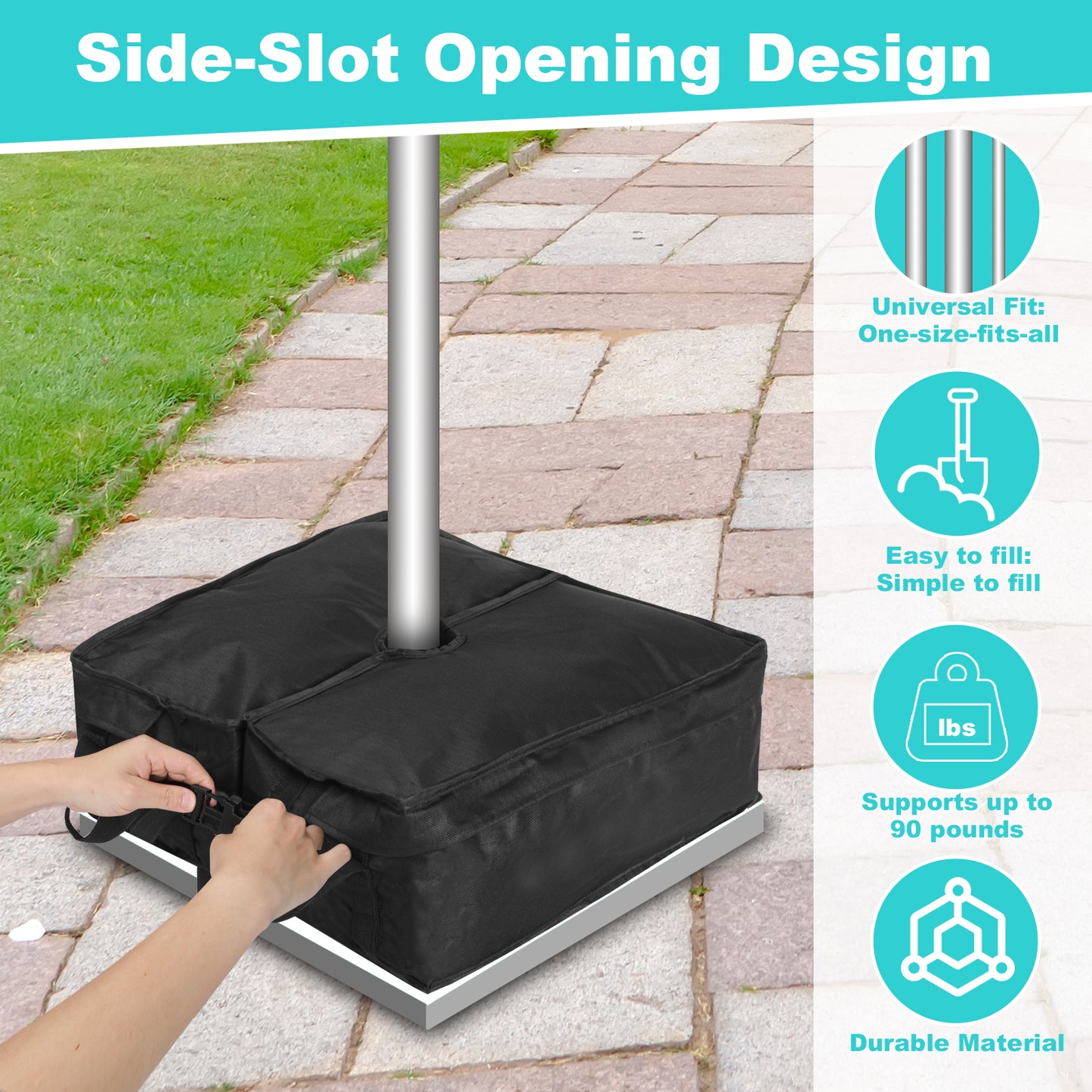 Umbrella Base, 90 lbs, Fits 0-10 ft Umbrellas, Includes Sand Filling Shovel, Side-Slot Opening, Perfect for Patio and Garden