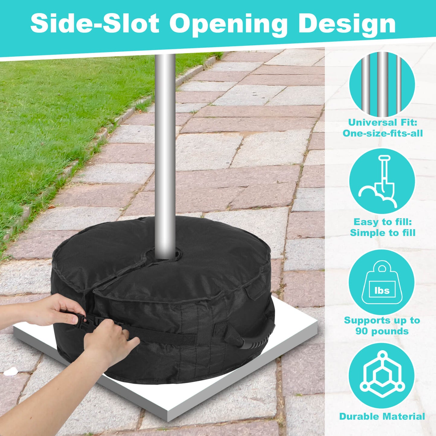 Umbrella Base, 90 lbs, Fits 0-10 ft Umbrellas, Includes Sand Filling Shovel, Side-Slot Opening, Perfect for Patio and Garden