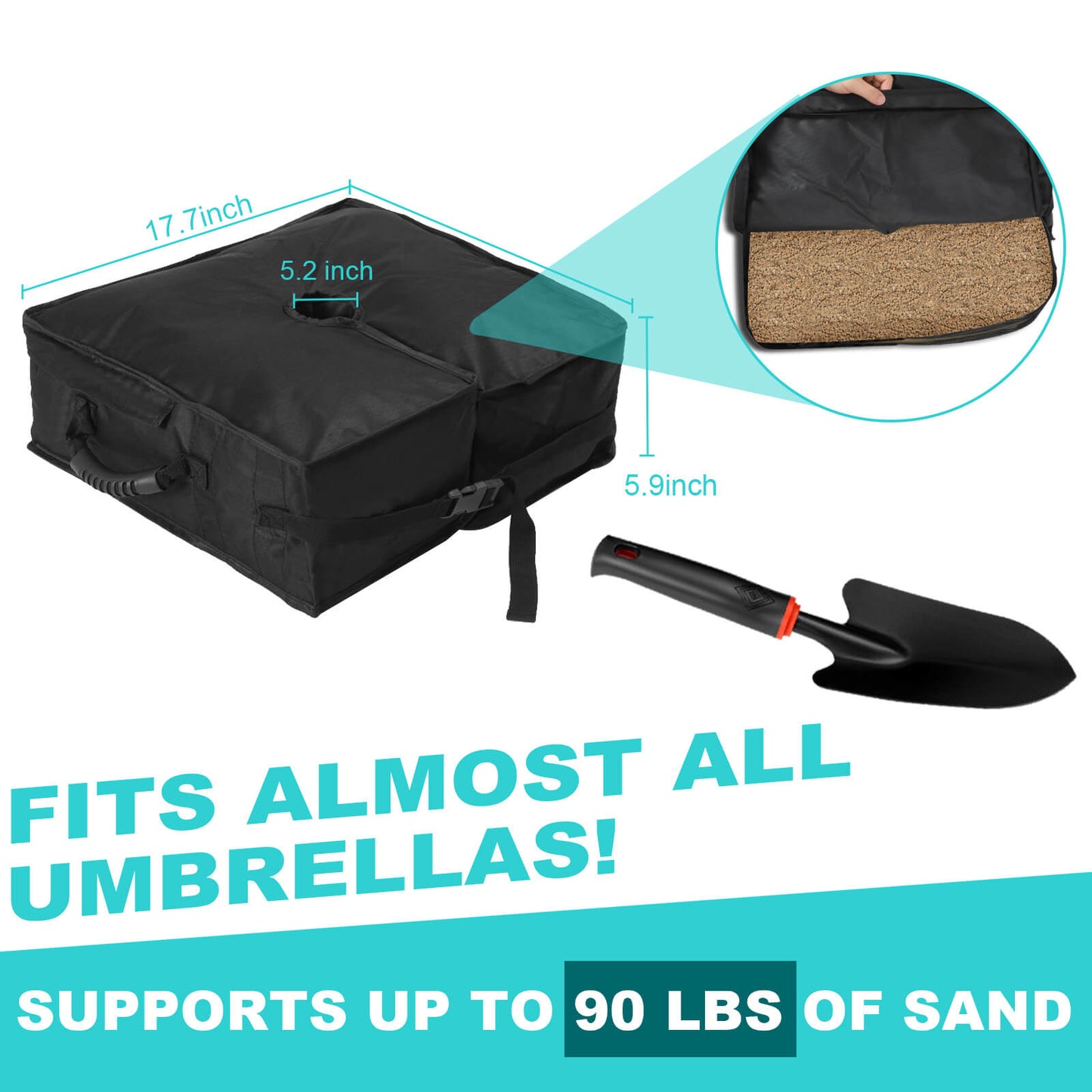 Umbrella Base, 90 lbs, Fits 0-10 ft Umbrellas, Includes Sand Filling Shovel, Side-Slot Opening, Perfect for Patio and Garden