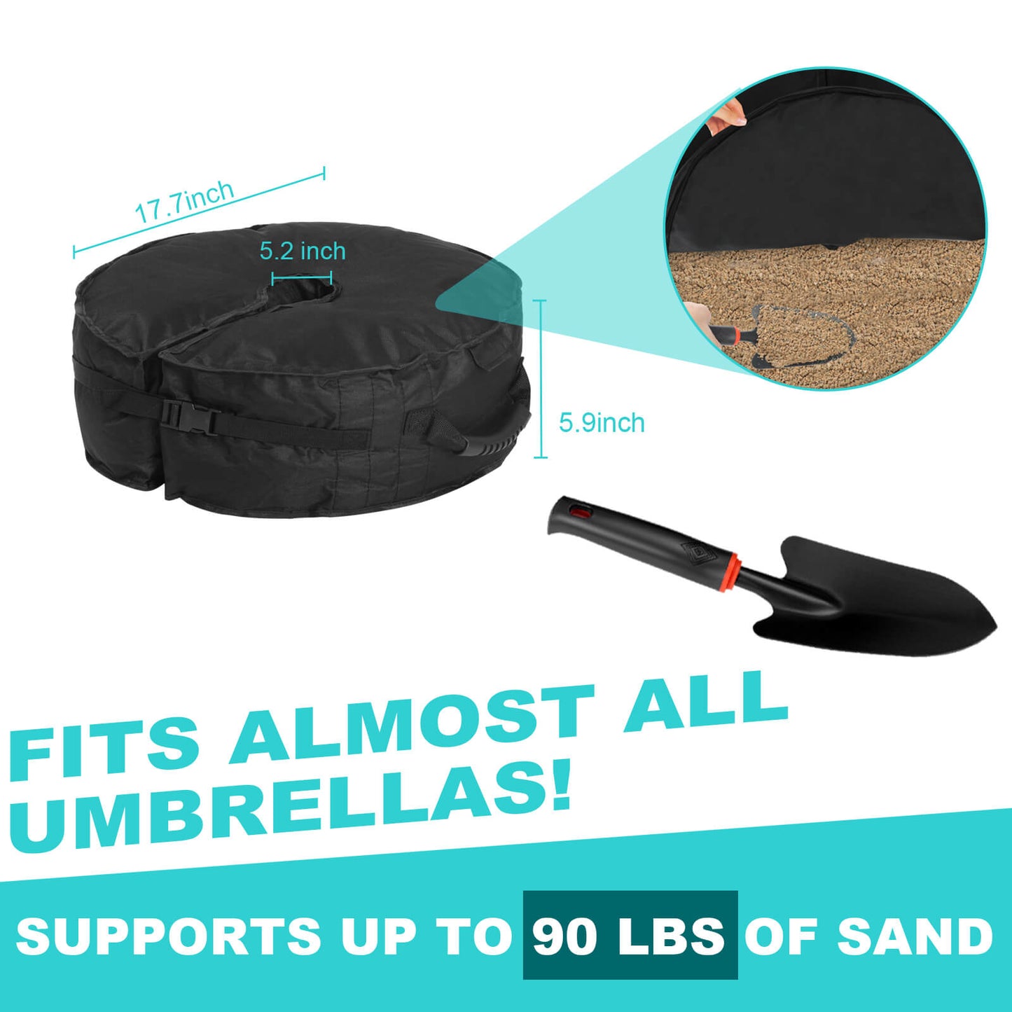 Umbrella Base, 90 lbs, Fits 0-10 ft Umbrellas, Includes Sand Filling Shovel, Side-Slot Opening, Perfect for Patio and Garden