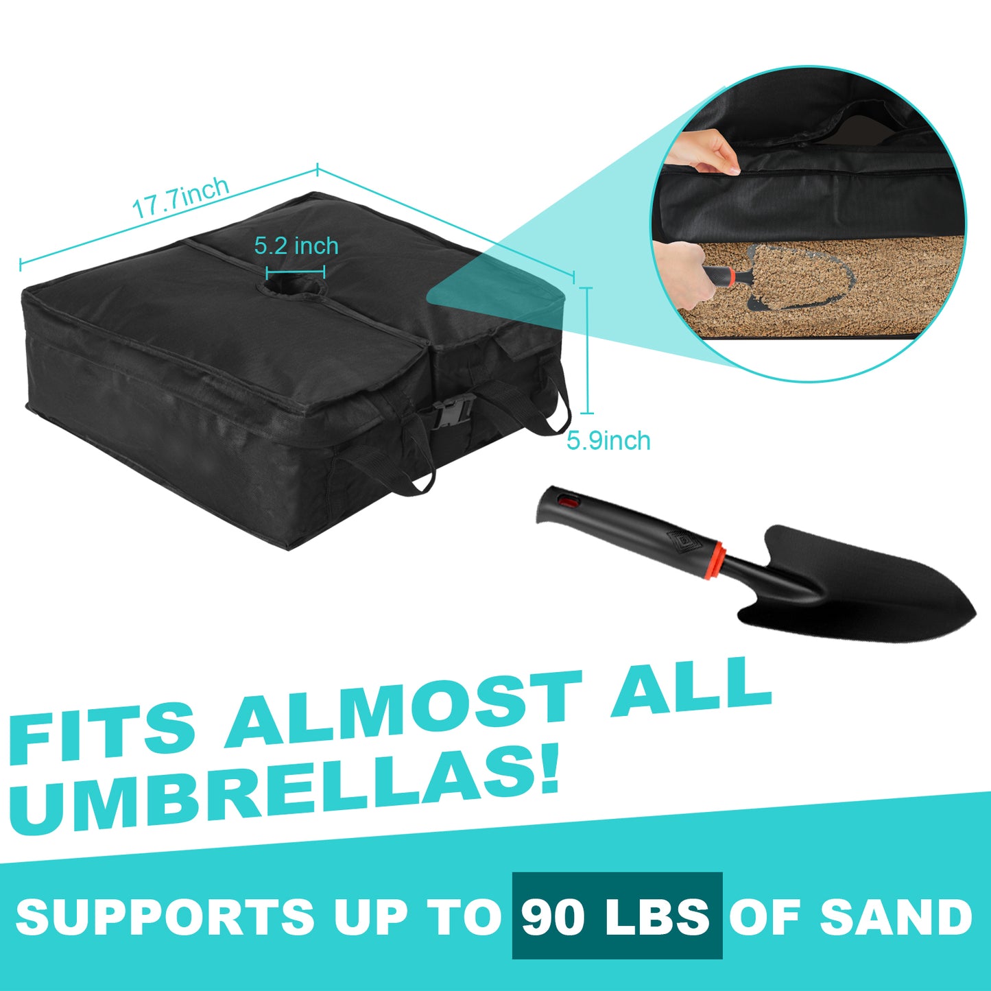 Umbrella Base, 90 lbs, Fits 0-10 ft Umbrellas, Includes Sand Filling Shovel, Side-Slot Opening, Perfect for Patio and Garden